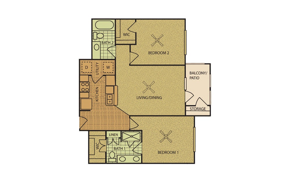 2 bedroom - 2 bedroom floorplan layout with 2 baths and 1007 square feet.